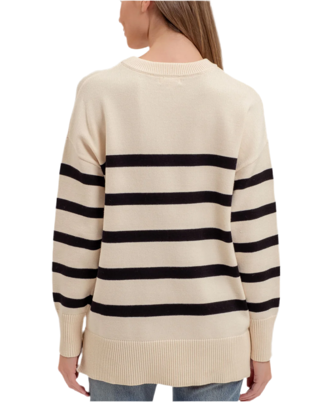 STRIPE OVERSIZED CREW SIDE SPLIT KNIT SWEATER (S-L)