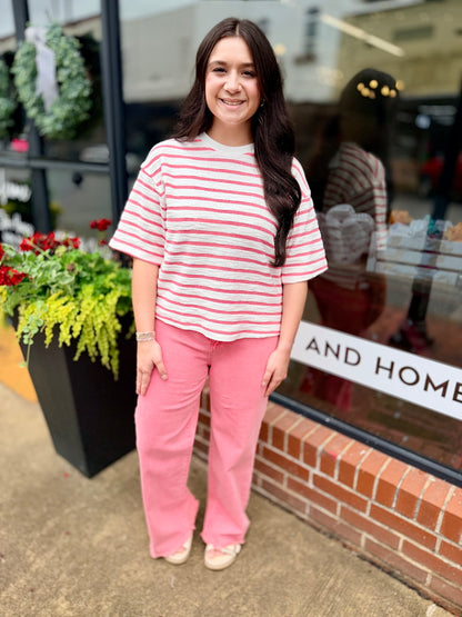 Striped Short Sleeve Terry Crew Neck Top(S-L)