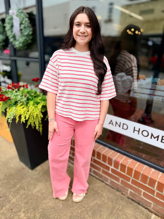 Striped Short Sleeve Terry Crew Neck Top(S-L)