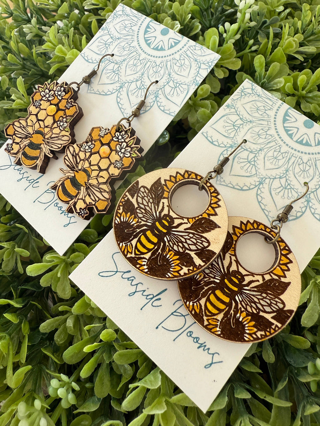 Boho Hand painted maple wood bee earrings  