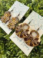 Boho Hand painted maple wood bee earrings  