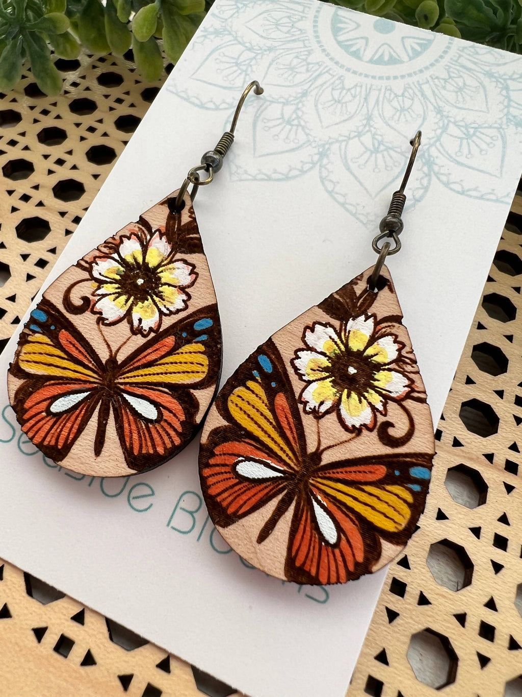 Butterfly hand painted maple wood earrings  