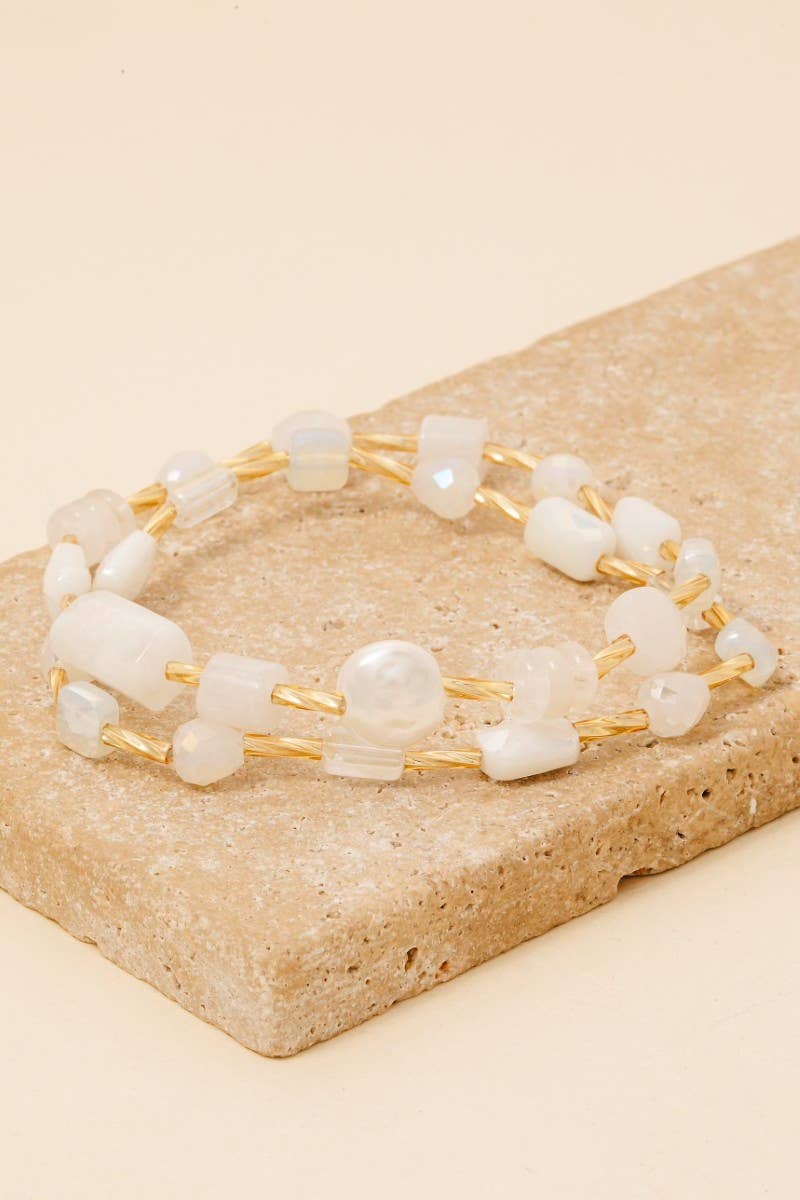 Pearl And Stone Beaded Elastic Bracelet Set