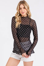 Polka Dot Mesh Long Sleeve Top (S-L)(Black or White)