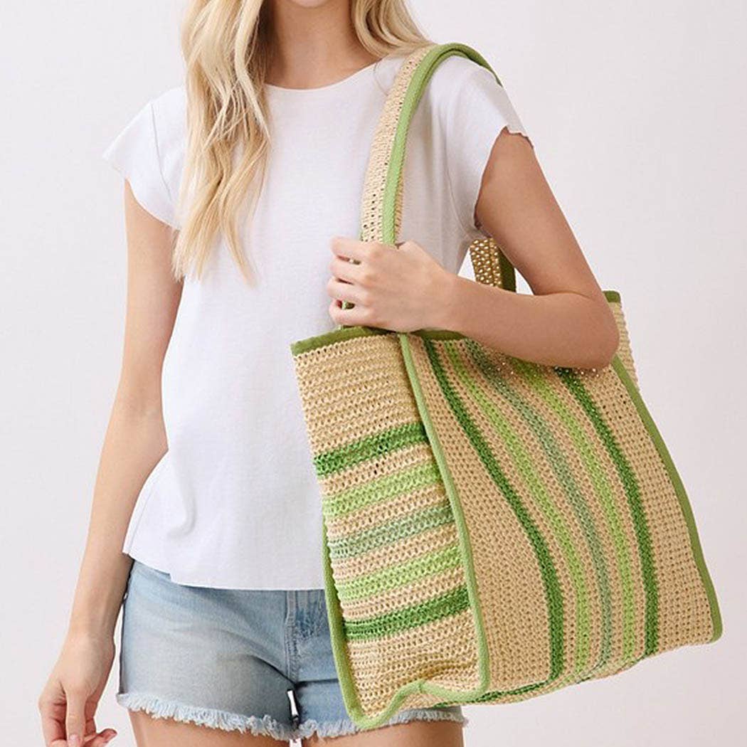 Natural Straw Tote Bag With Multi Color Stripes