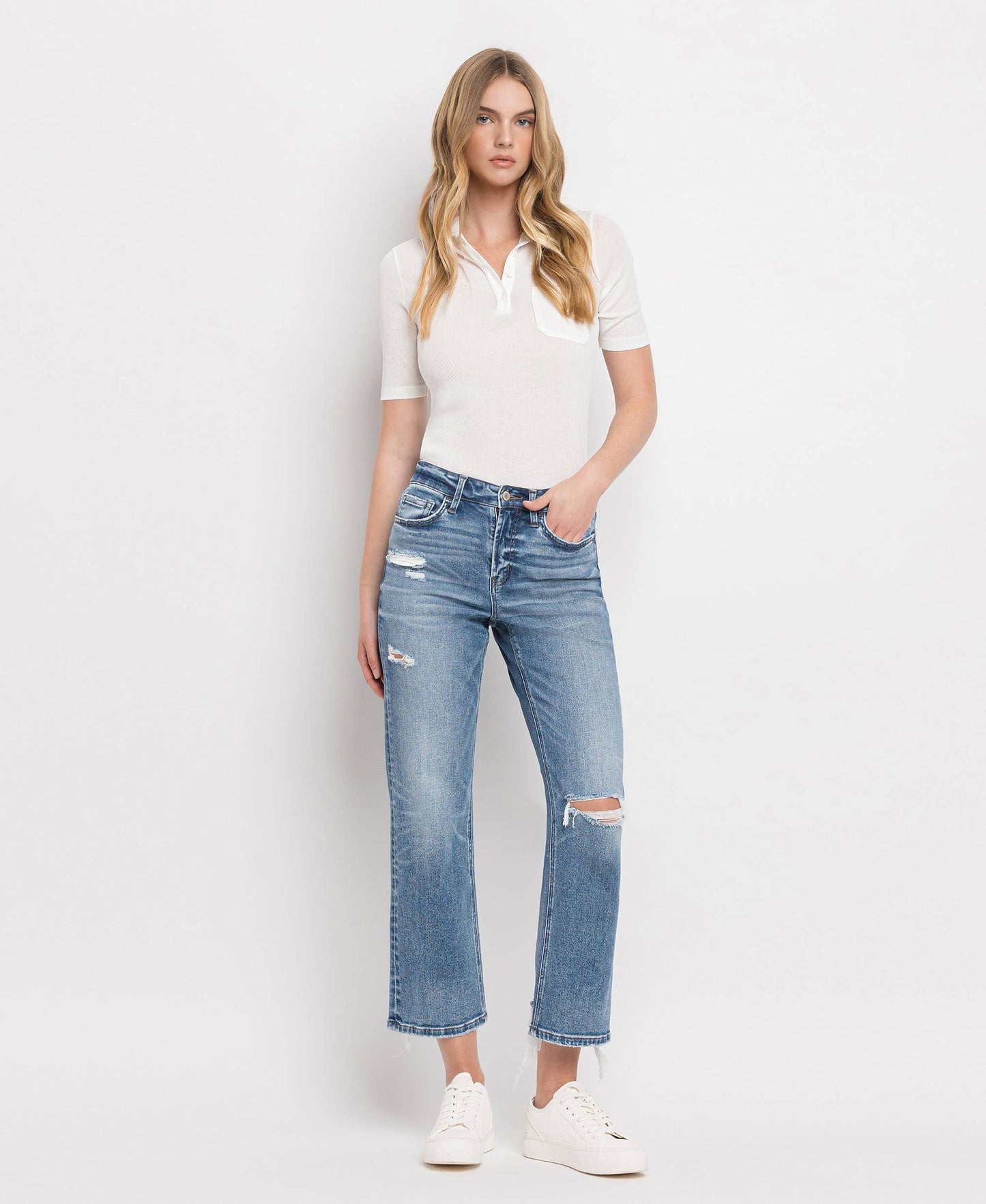 Vervet by Monkey- HIGH RISE DISTRESSED HEM CROP STRAIGHT JEANS