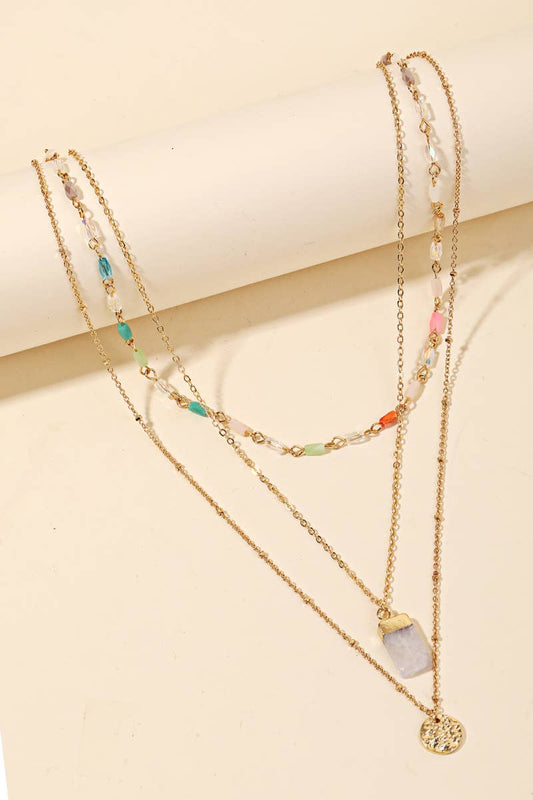Dainty Chain Layered Rectangle Stone Charm Necklace