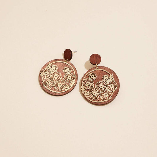 Golden Blossom Filgree metal and Wooden Charm Earrings