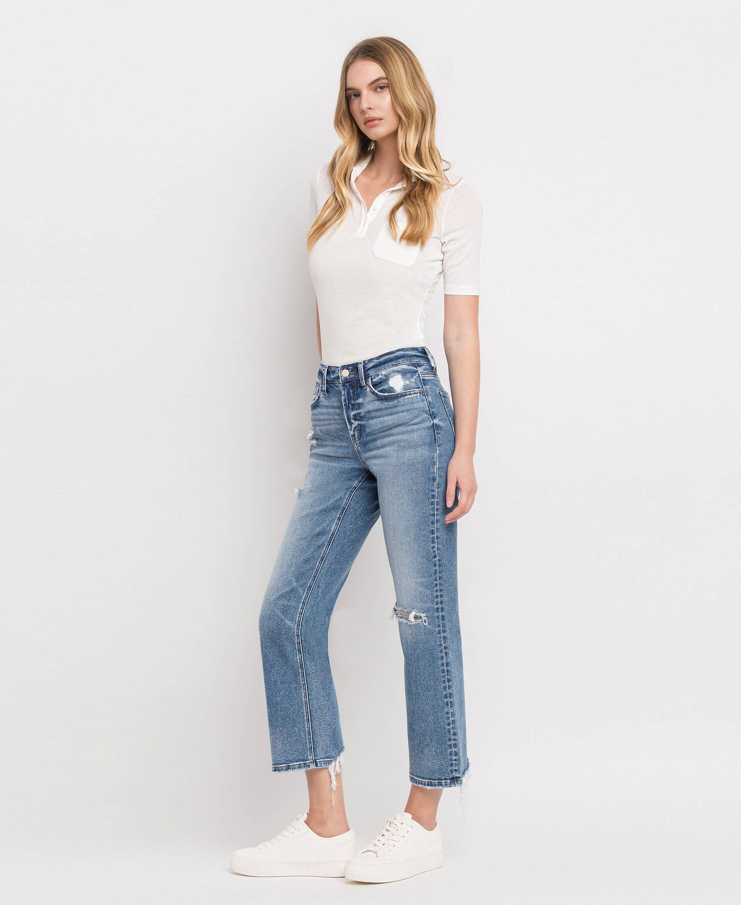 Vervet by Monkey- HIGH RISE DISTRESSED HEM CROP STRAIGHT JEANS