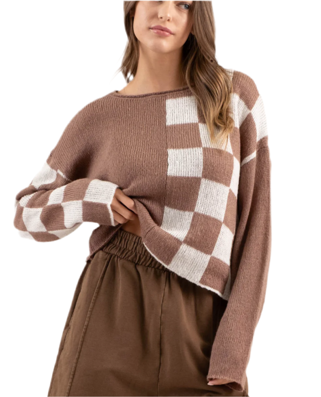 Checkered Long Sleeve Sweater In Mocha (S-L)