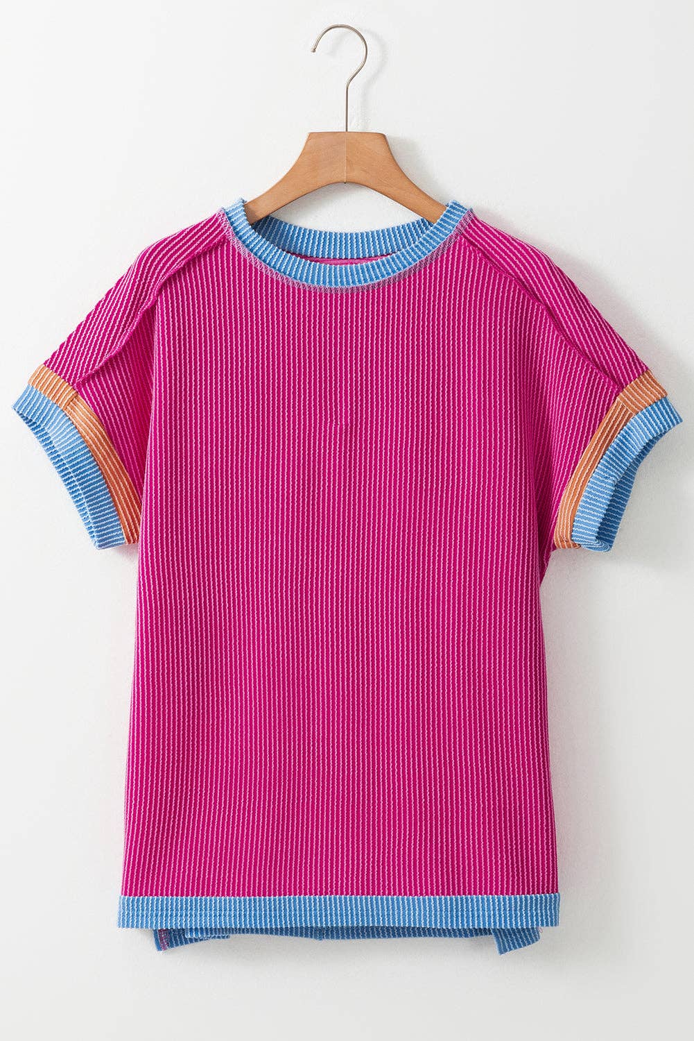 Textured Contrast Trim Round Neck T Shirt (S-XL)(Multiple Colors)