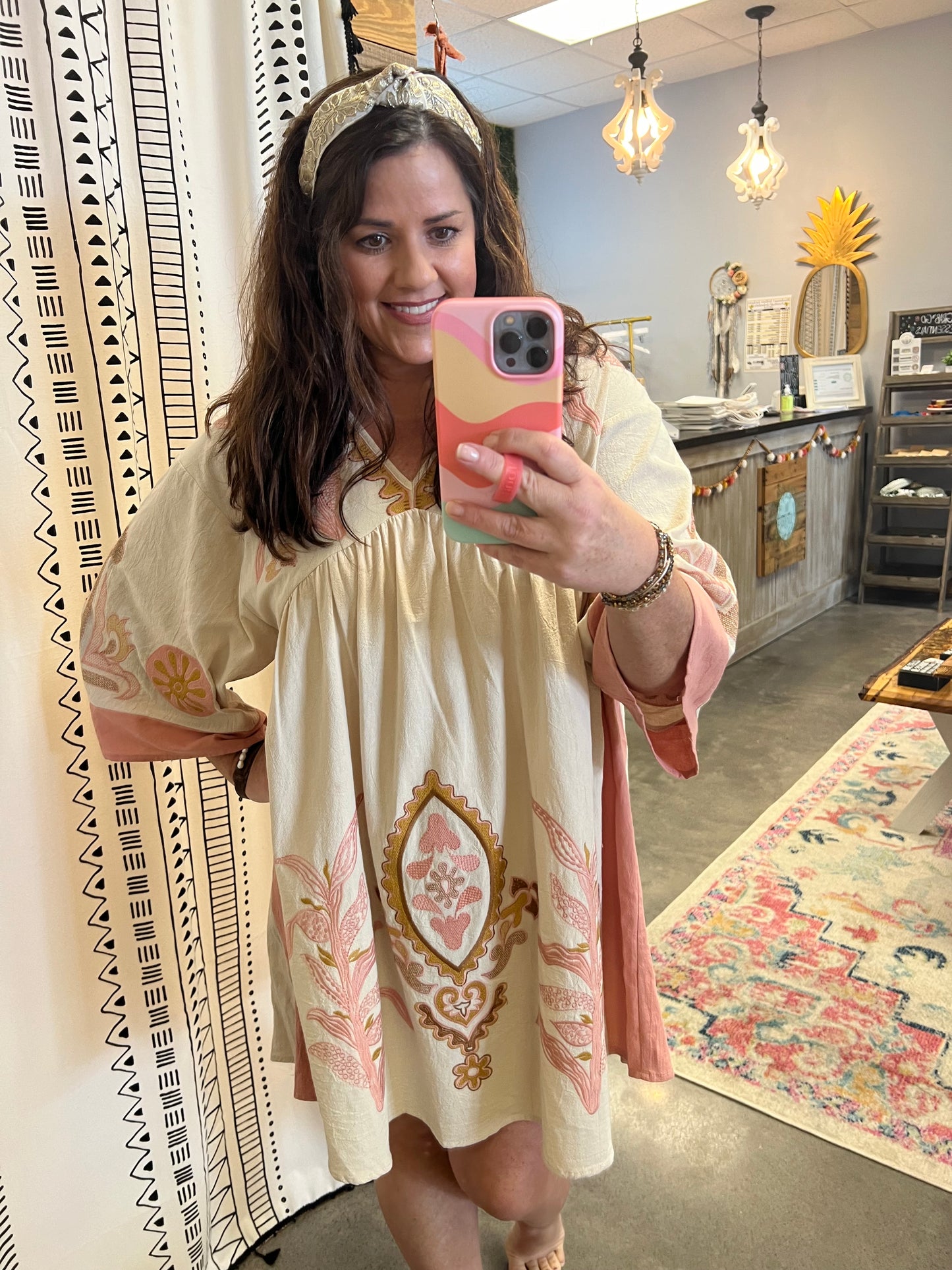 BOHO EMBROIDERED BABYDOLL DRESS (S-L)(Pink or Sage)