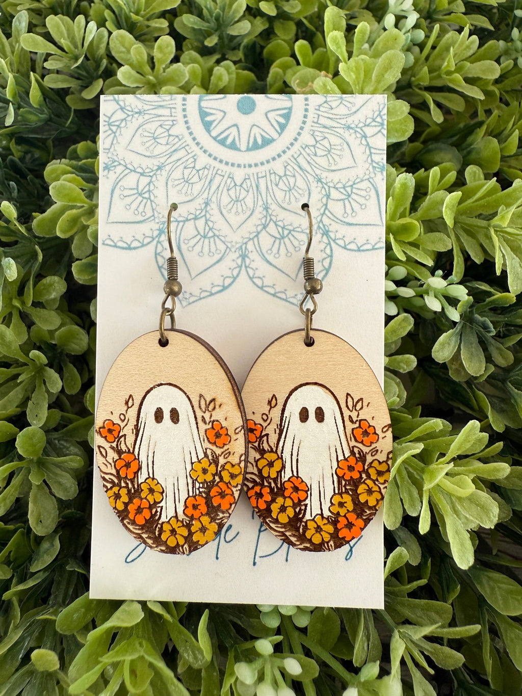 Ghost Boho Hand painted maple wood earrings