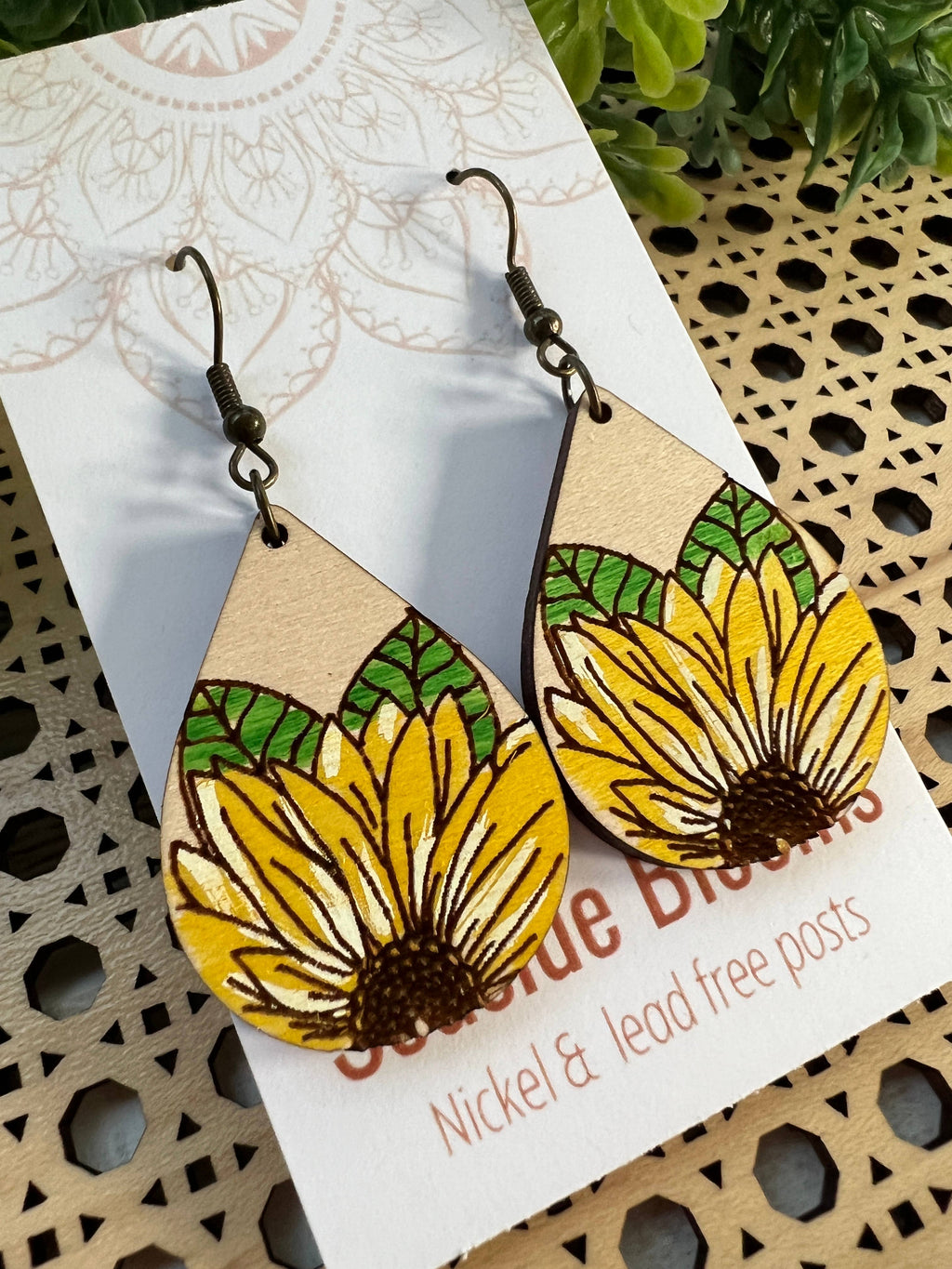 Sunflower light weight hand painted wood earring