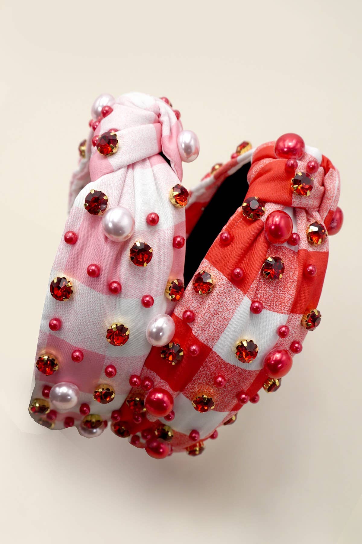 PLAID BEADED WIDE KNOTTED HEADBAND (Pink or Red)