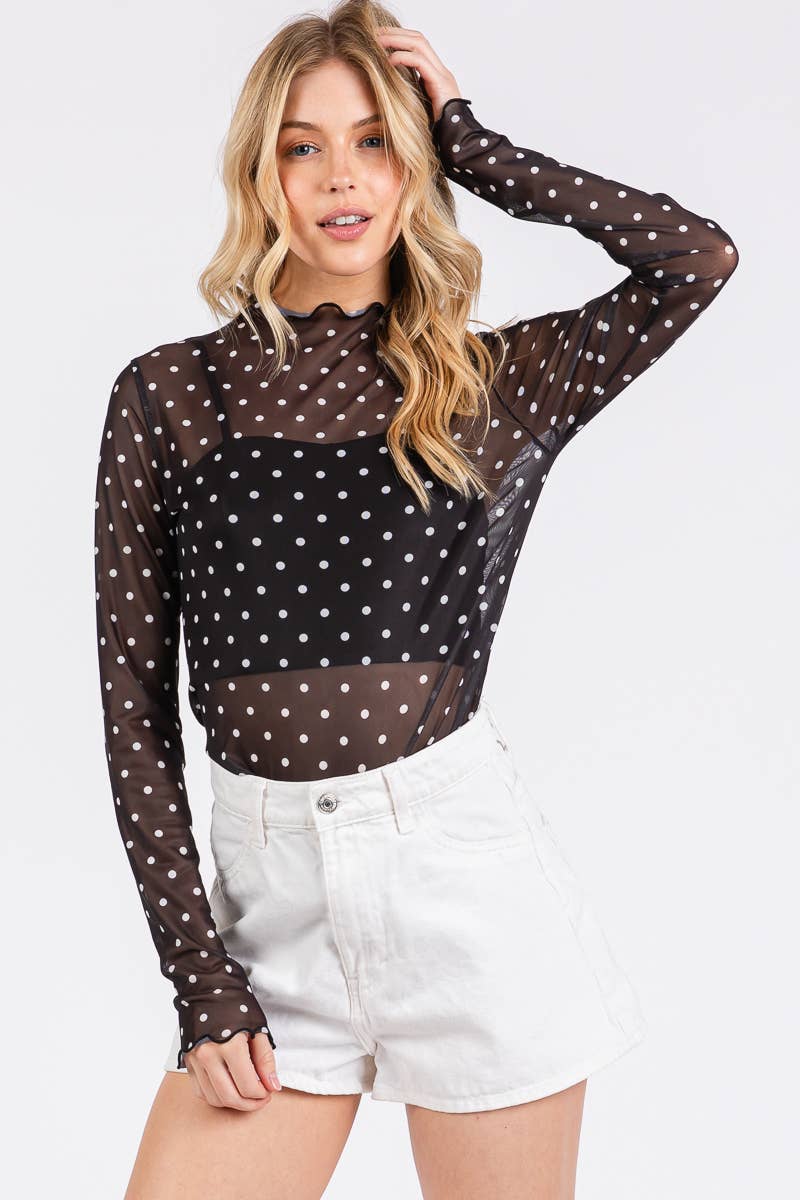 Polka Dot Mesh Long Sleeve Top (S-L)(Black or White)