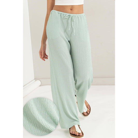 Crinkle Knit Wide Leg Drawstring Pants (S-L)