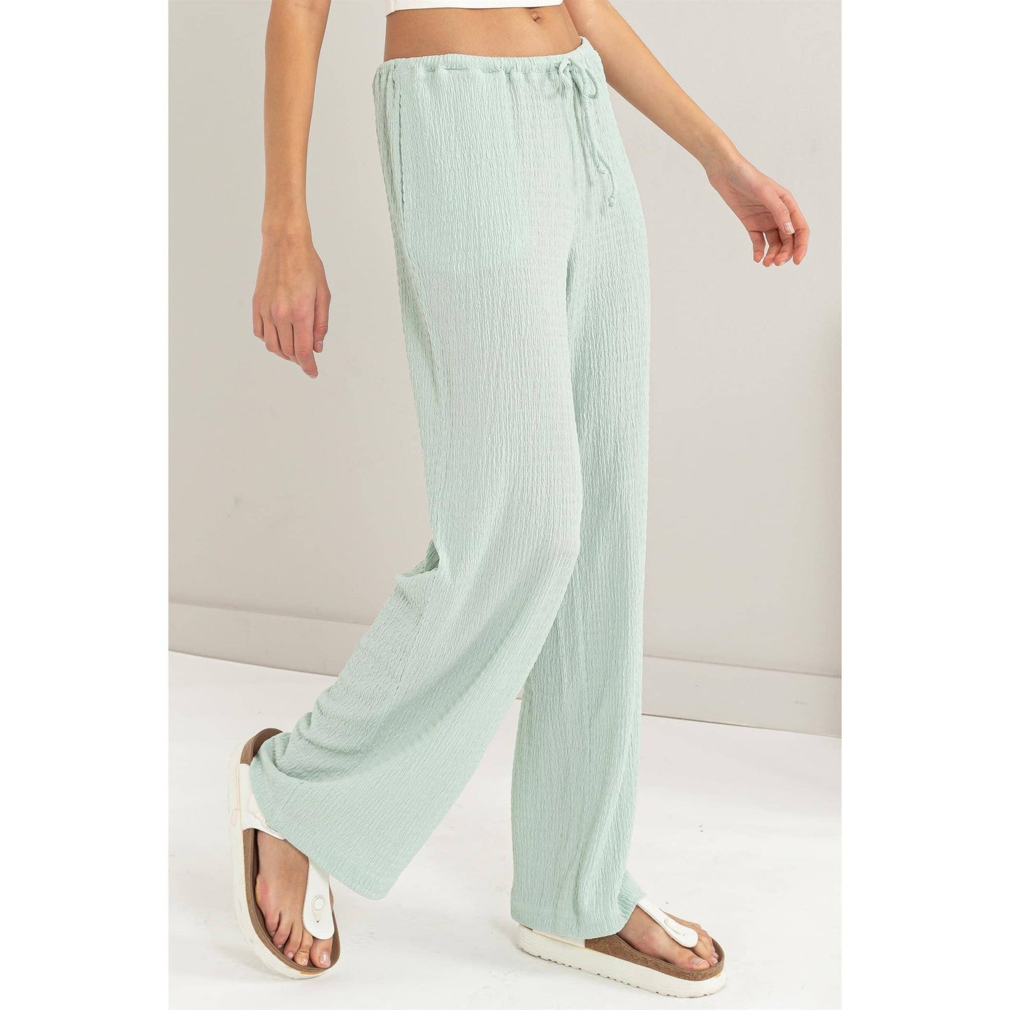 Crinkle Knit Wide Leg Drawstring Pants (S-L)