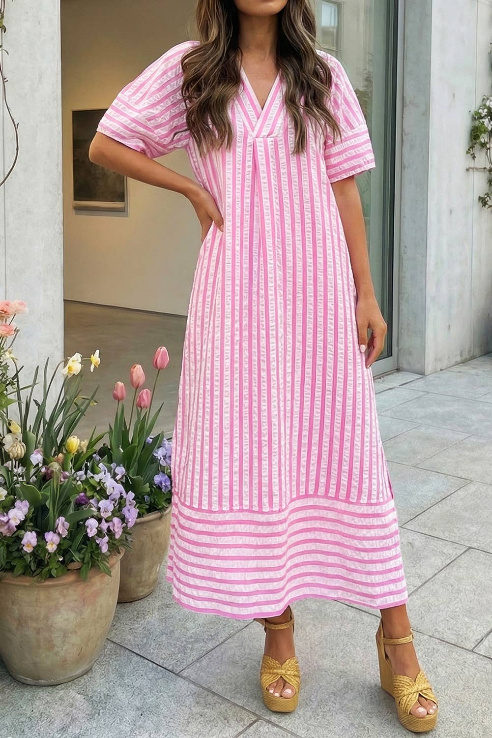 Stripe V-Neck Short Sleeve Long Dress (S-XL)
