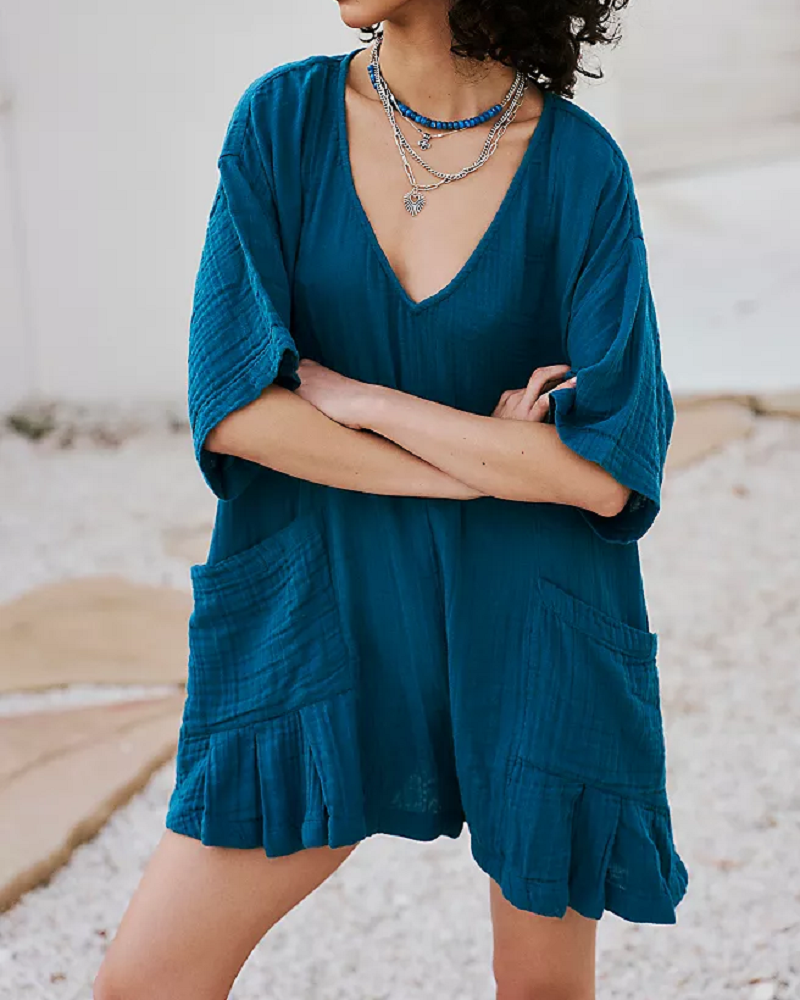 Peacock V-Neck Draped Sleeves Romper (S-XL)