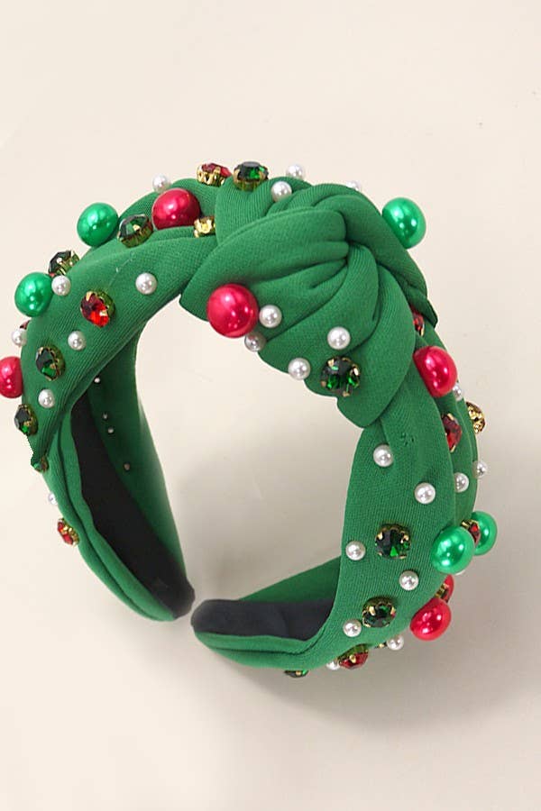 CHRISTMAS JINGLE BELL SEED BEAD HAIR BAND HEADBAND (Green)