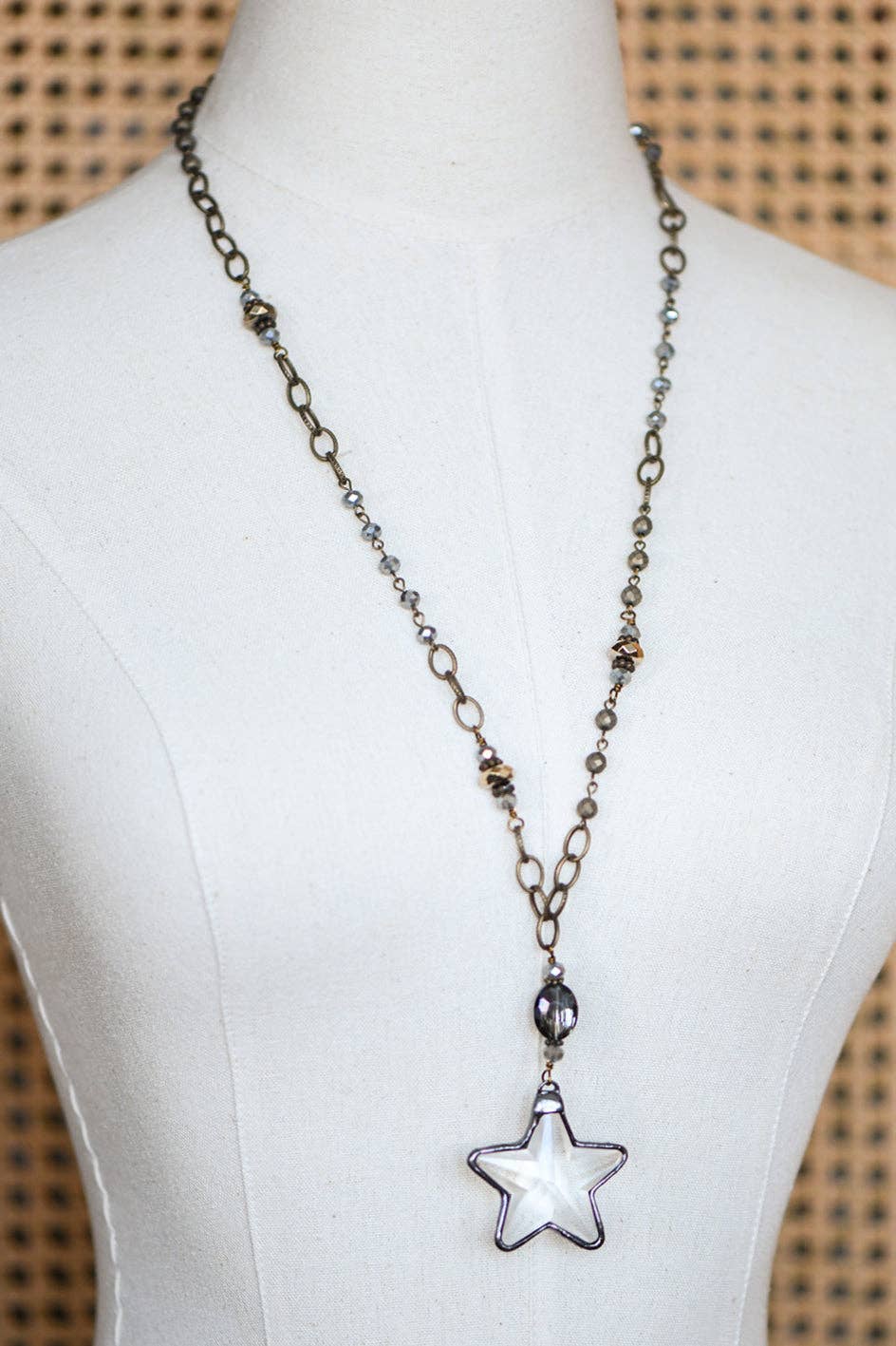 Boho Long Beaded Chain Link Necklace, Glass Crystal Star Pendant