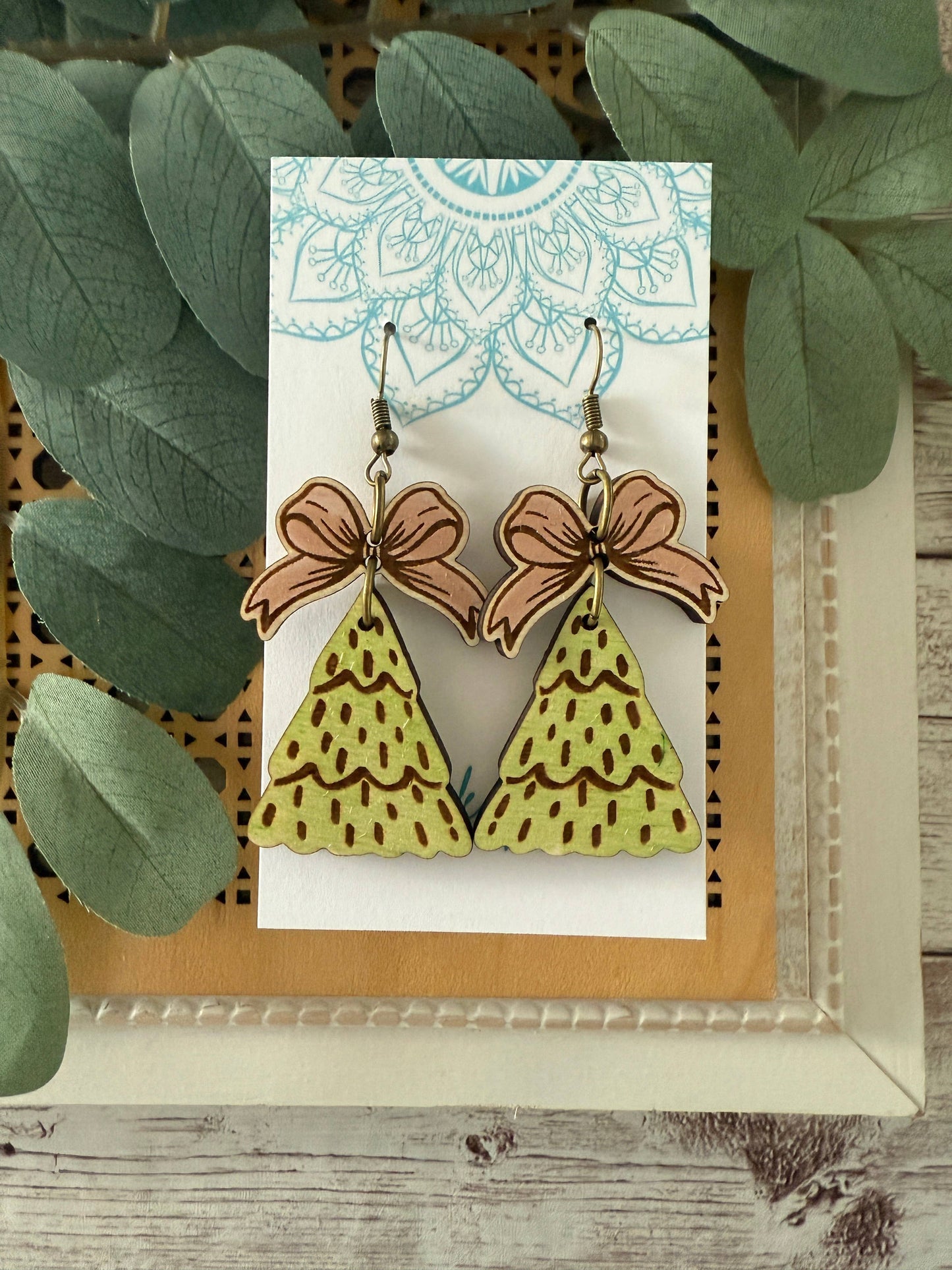 SALE! Christmas tree hand painted maple wood earrings