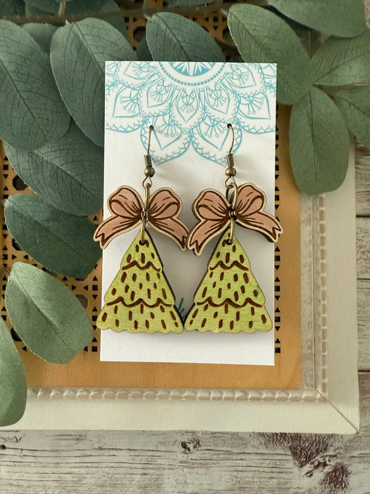 SALE! Christmas tree hand painted maple wood earrings