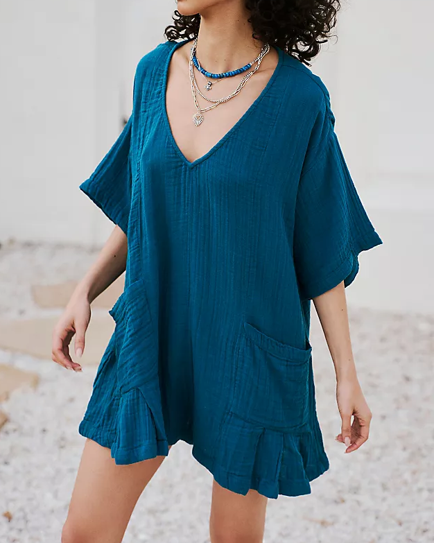 Peacock V-Neck Draped Sleeves Romper (S-XL)