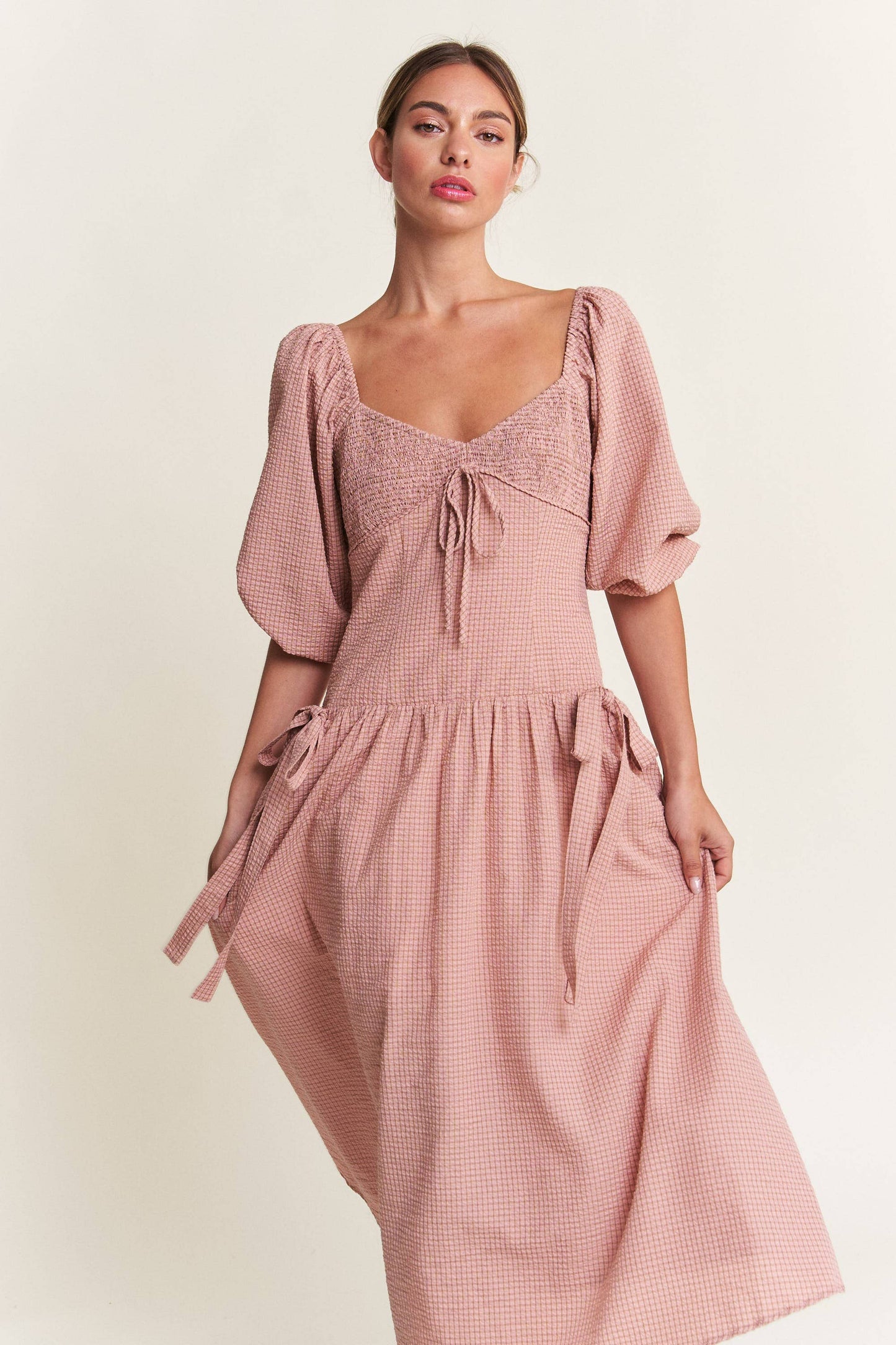 SALE! In the Beginning - Dust Pink Bow Detail Smocked Midi Dress (S-L)