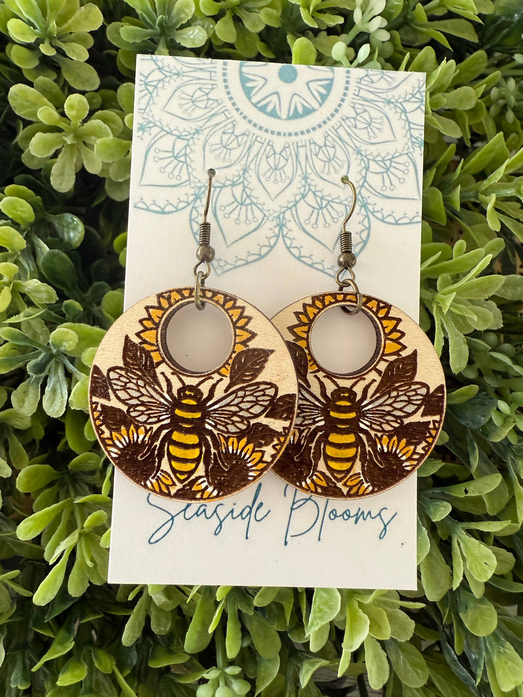 Boho Hand painted maple wood bee earrings  