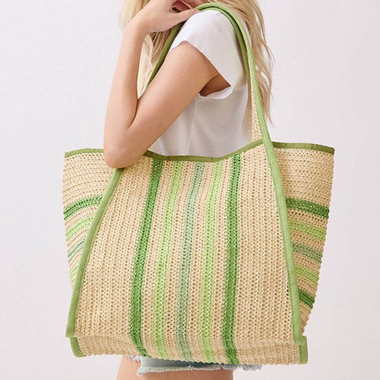 Natural Straw Tote Bag With Multi Color Stripes