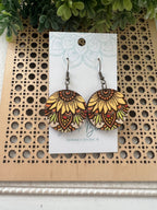 Sunflower mandala hand painted wood earrings