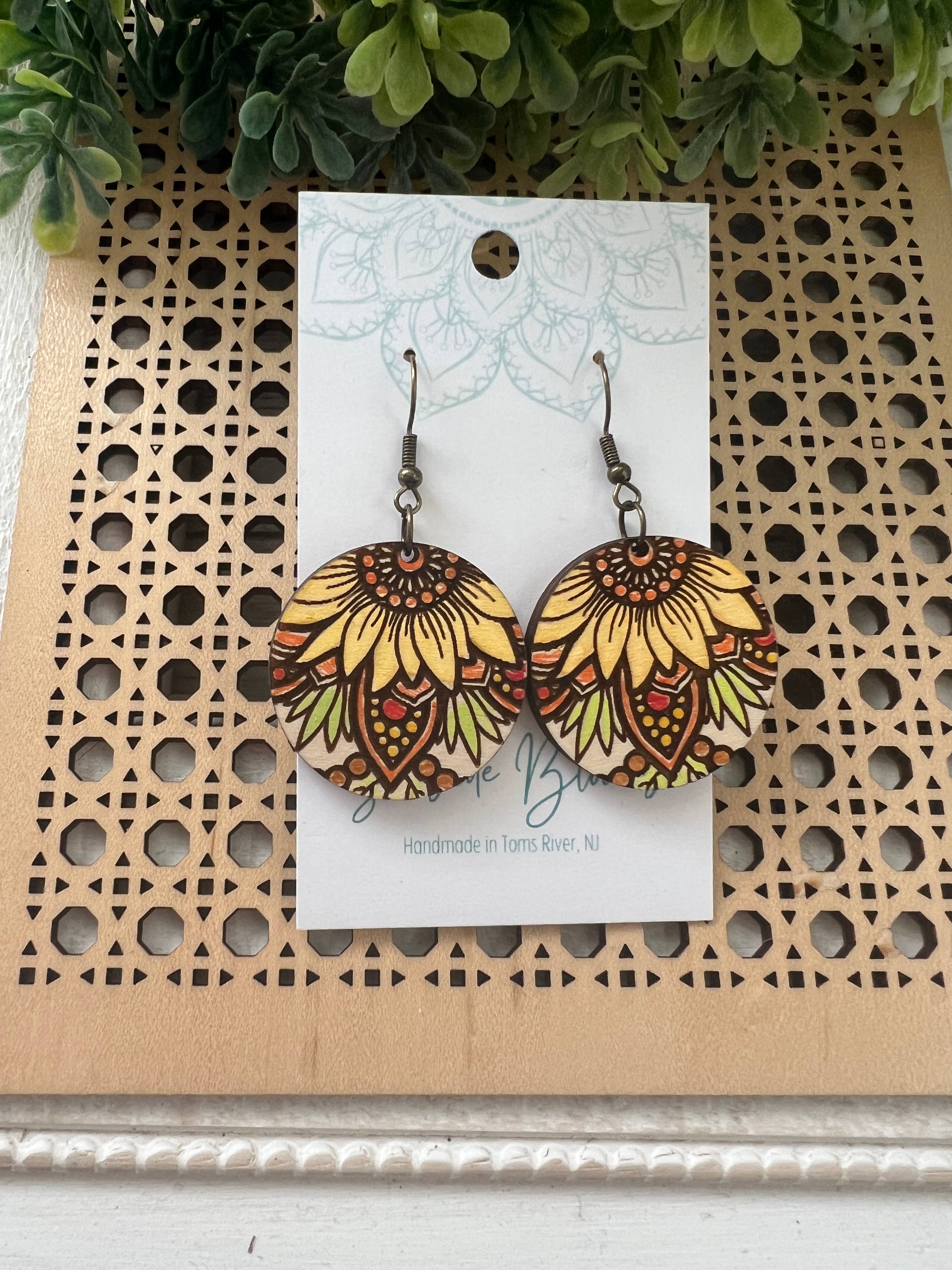 Sunflower mandala hand painted wood earrings