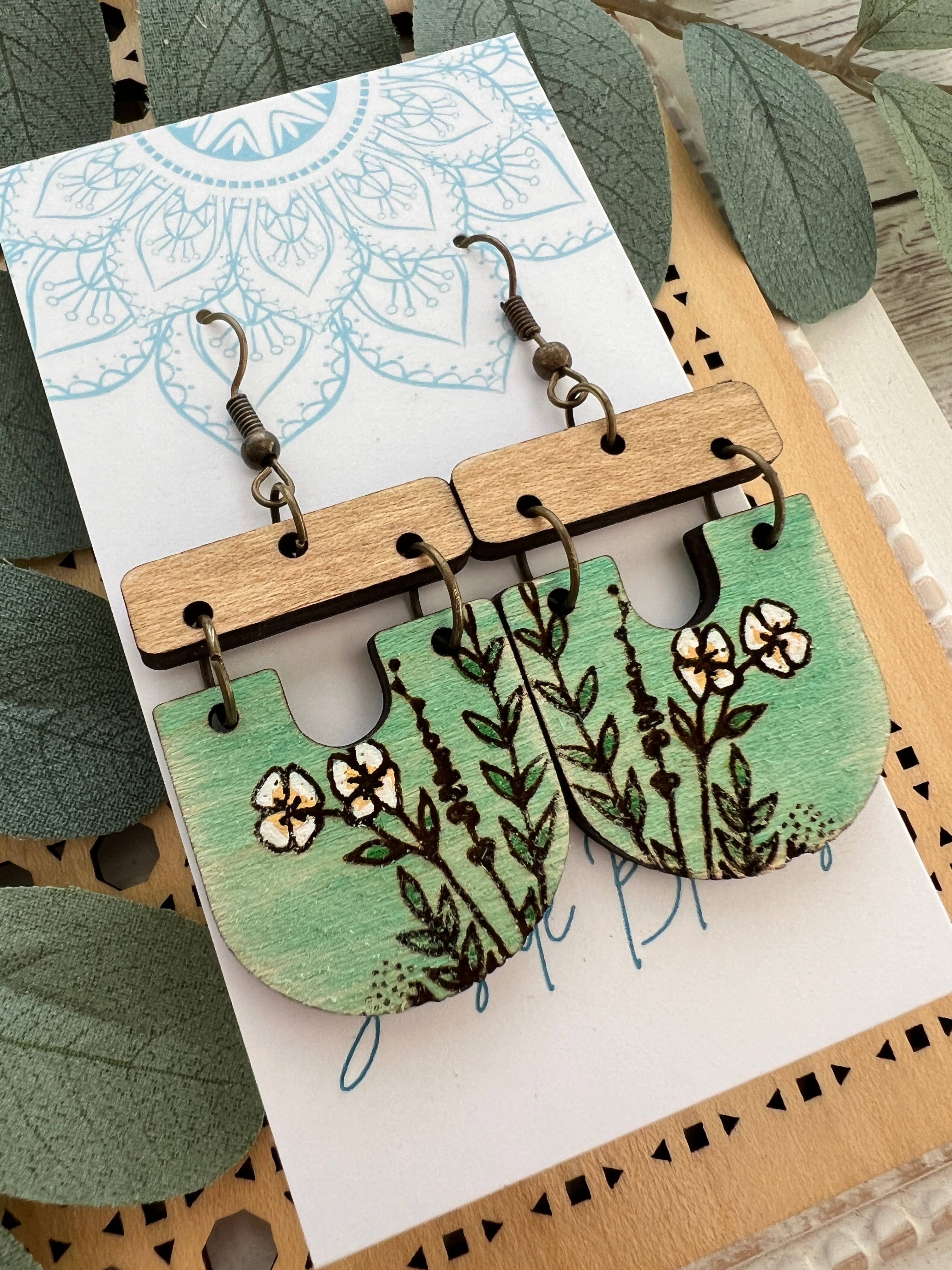 Boho hand painted lightweight maple wood earrings 