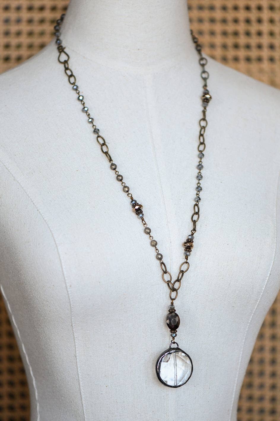 Boho Long Beaded Chain Link Necklace, Glass Crystal Round Pendant