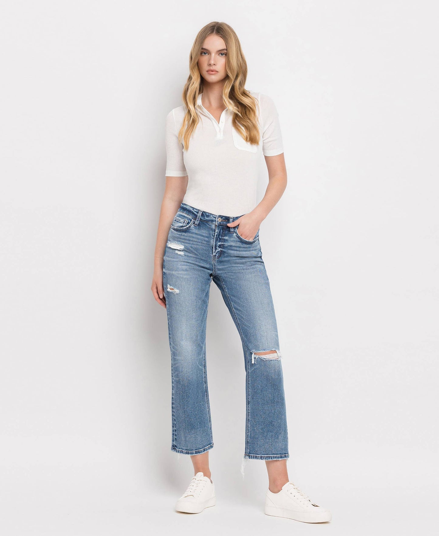 Vervet by Monkey- HIGH RISE DISTRESSED HEM CROP STRAIGHT JEANS