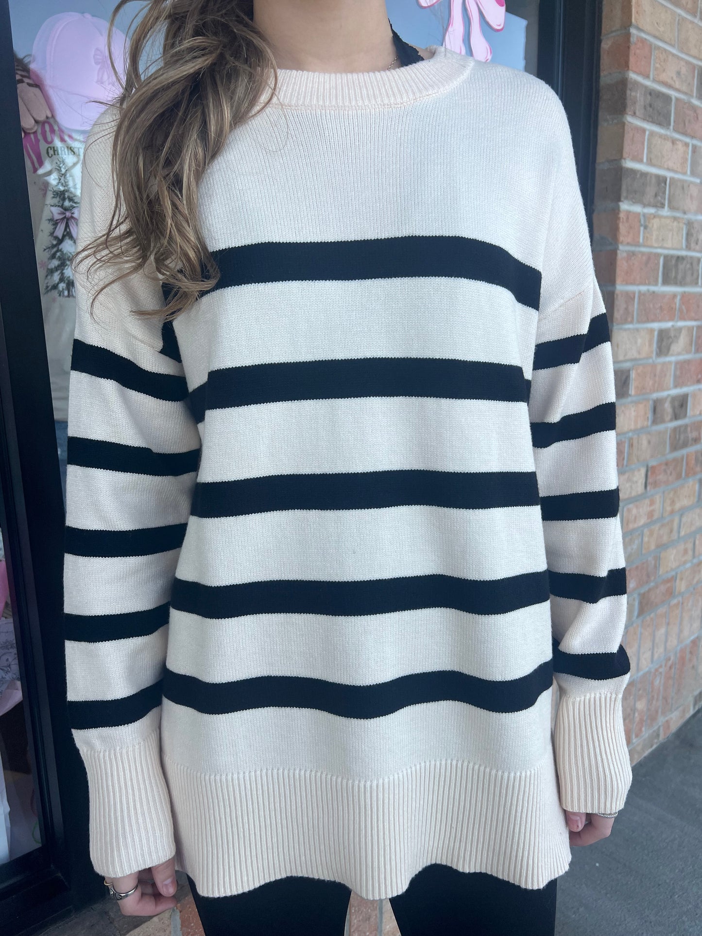 STRIPE OVERSIZED CREW SIDE SPLIT KNIT SWEATER (S-L)