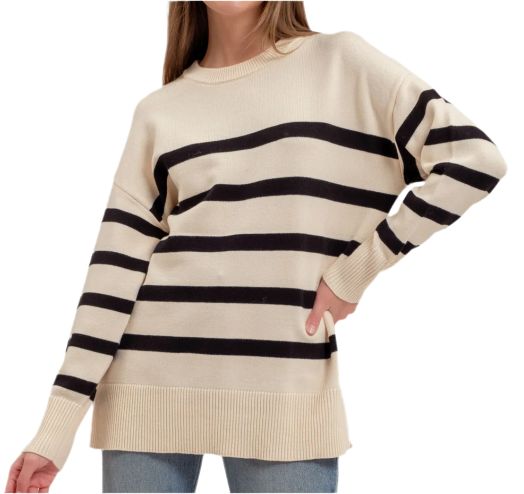 STRIPE OVERSIZED CREW SIDE SPLIT KNIT SWEATER (S-L)