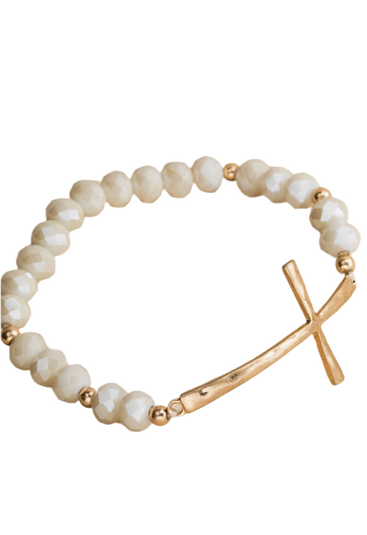 Ivory & Gold Hammered Metal Cross Bracelet