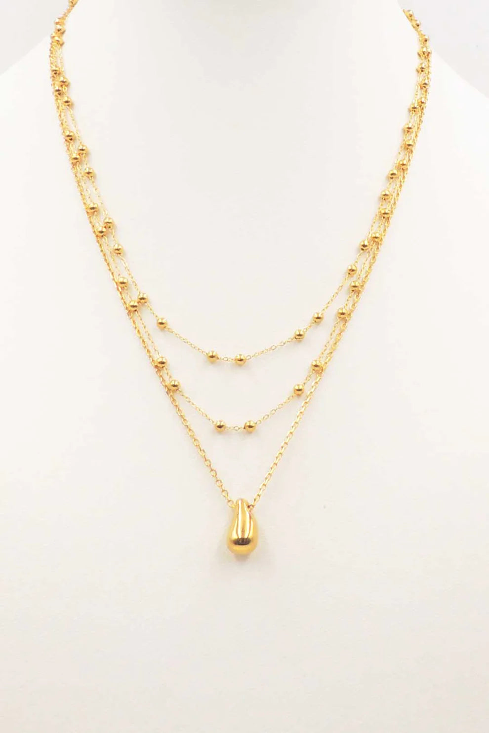 Water Resistant Layered Gold Chain with Beaded Teardrop Charm