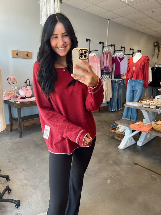 Fiery Red Waffle Weave Top (S-XL)