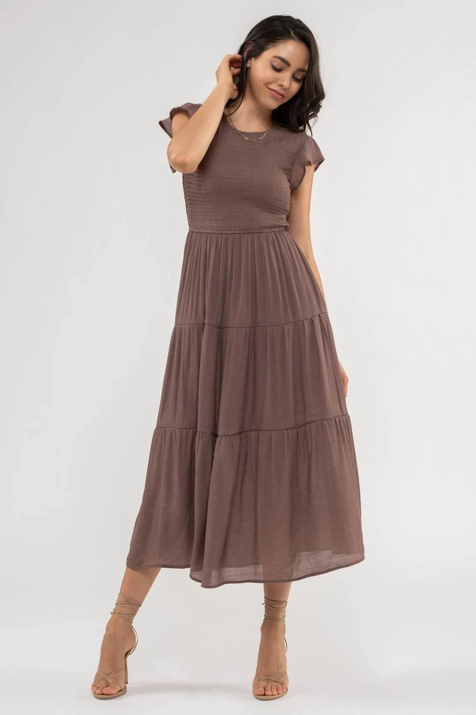 Smocked Tiered Midi Dress  (S-3X)(3 Colors)