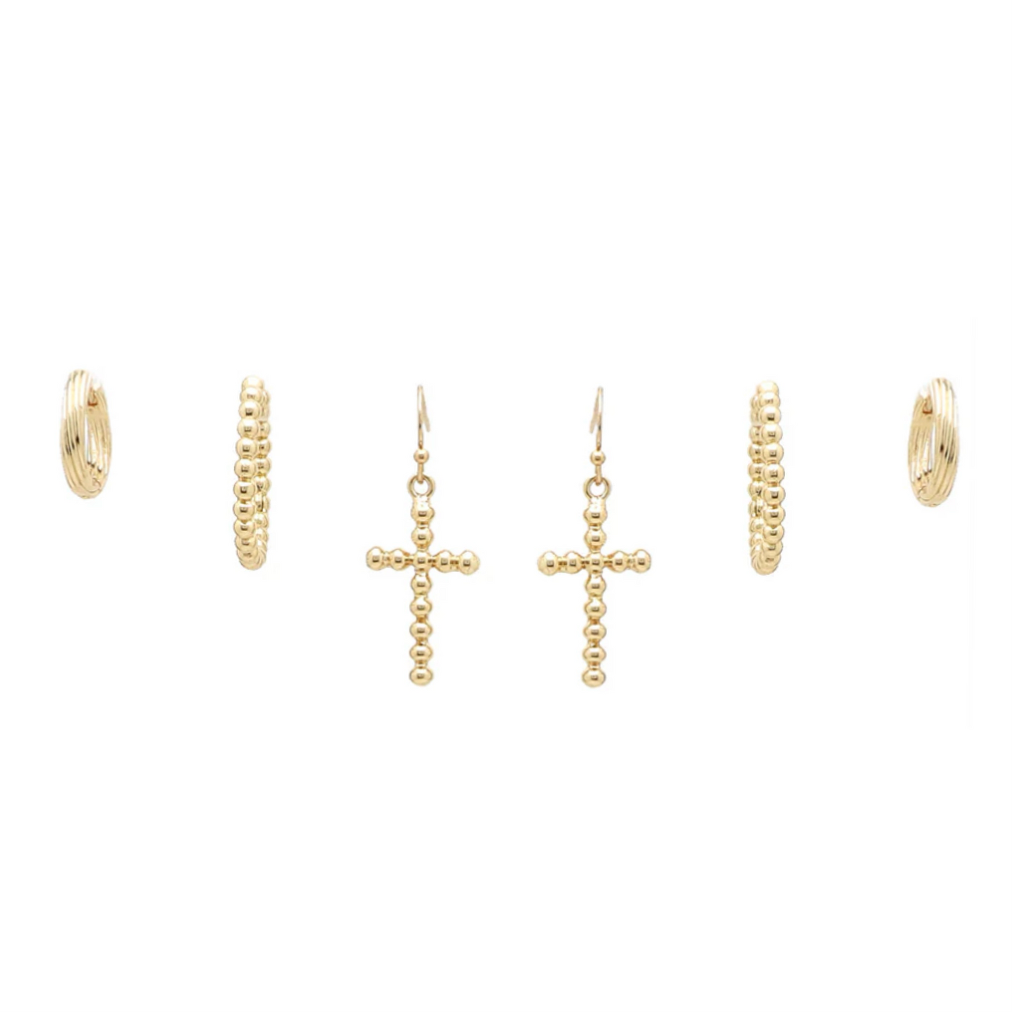 Set of 3: Gold Cross and Hoop Earring Studs