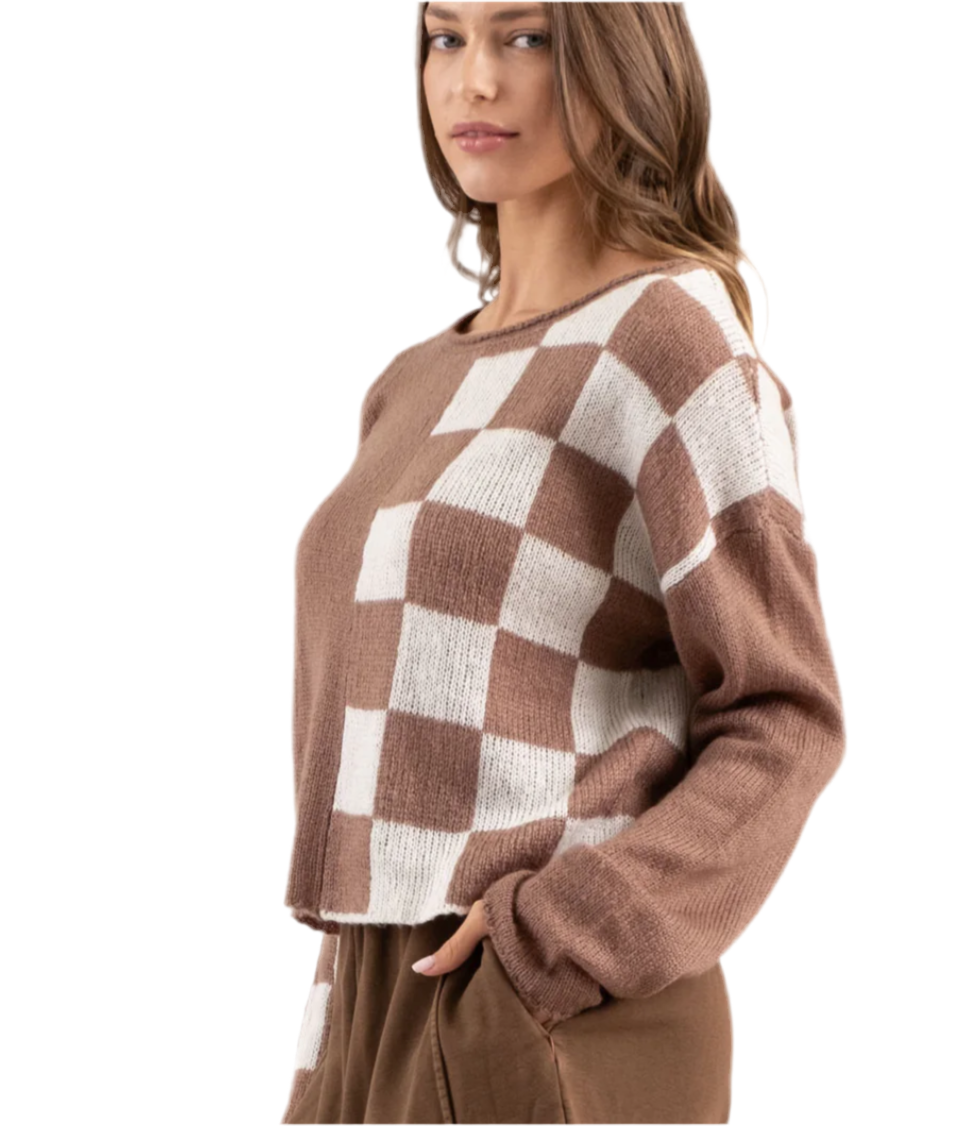 Checkered Long Sleeve Sweater In Mocha (S-L)