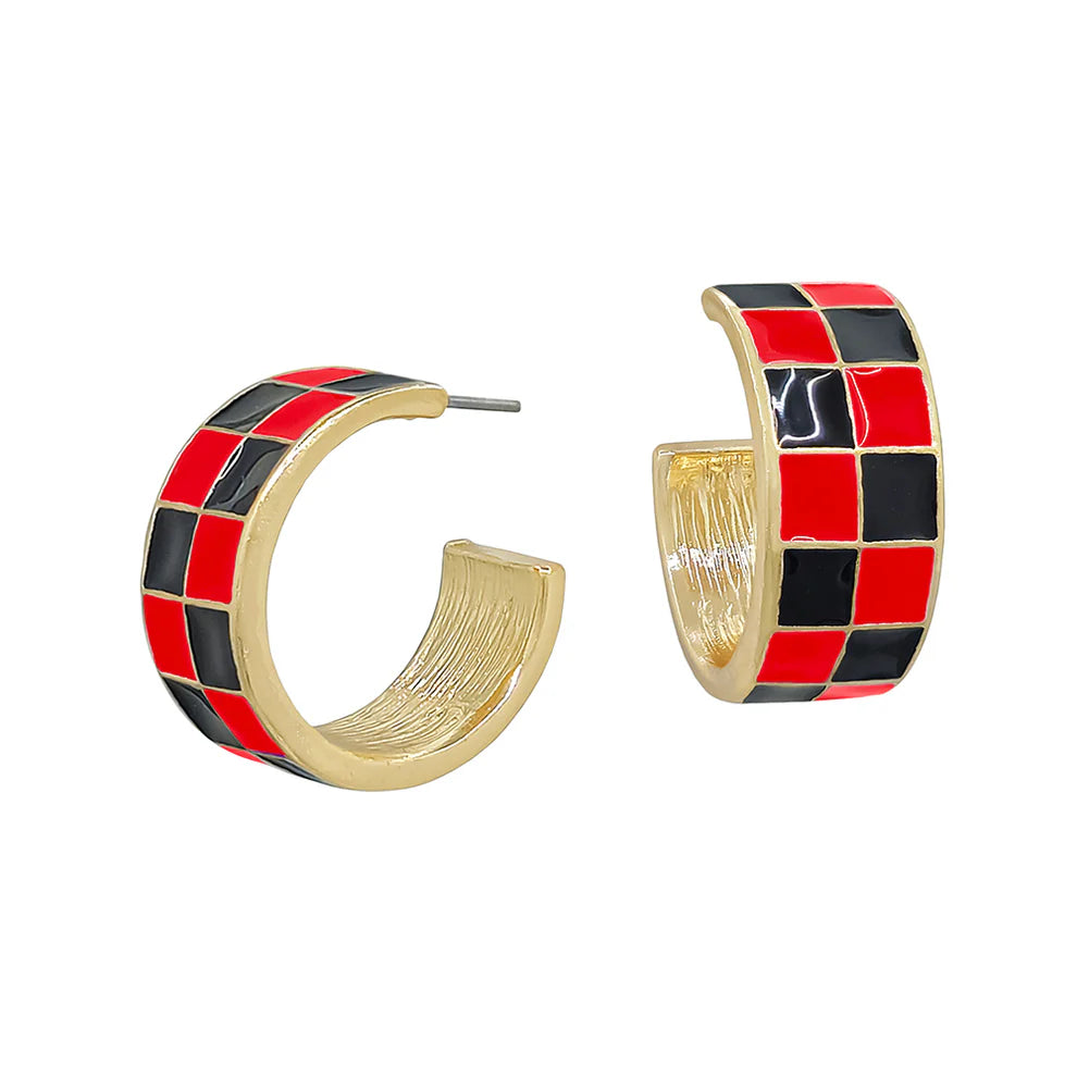 Red and Black Checkered and Gold Hoop Earring