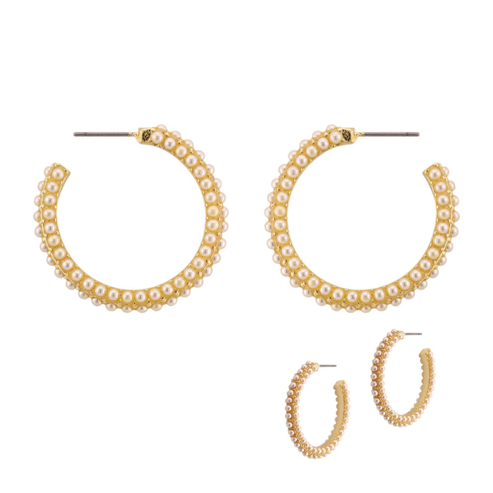 Gold and Pearl Textured Hoop Earring