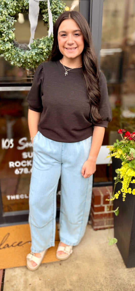 Puff Short Sleeve Crew Neck Top (S-L)