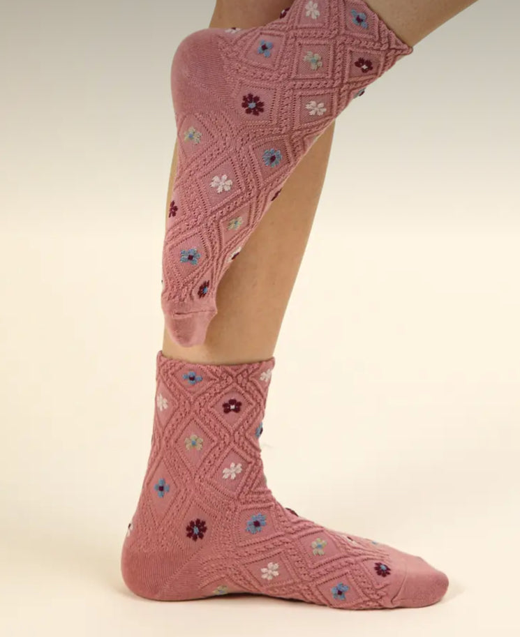 Floral Printed Textured Crew Socks (2 Colors)