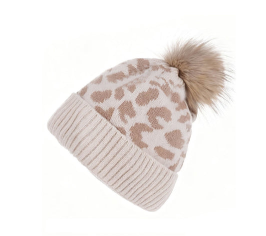 SALE! LEOPARD PATTERN KNIT POM POM BEANIE (2 Colors)